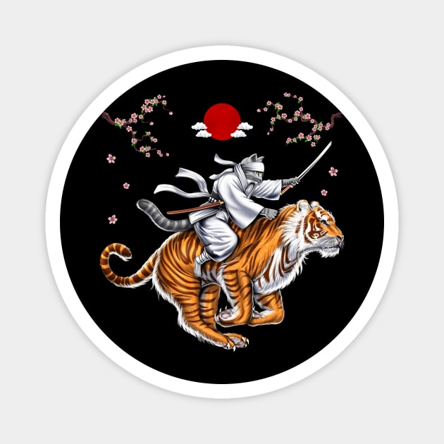 Japanese Cat Samurai Ninja Riding Tiger Magnet by underheaven